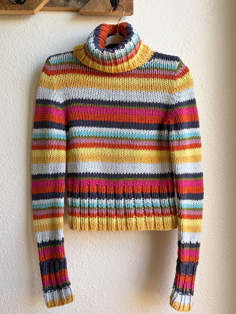 Vintage 90s Rainbow Chunky Hand Knit Turtleneck Small
